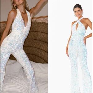 Show Me Your Mumu Studio Halter Jumpsuit ~ White Sparkle Sequin